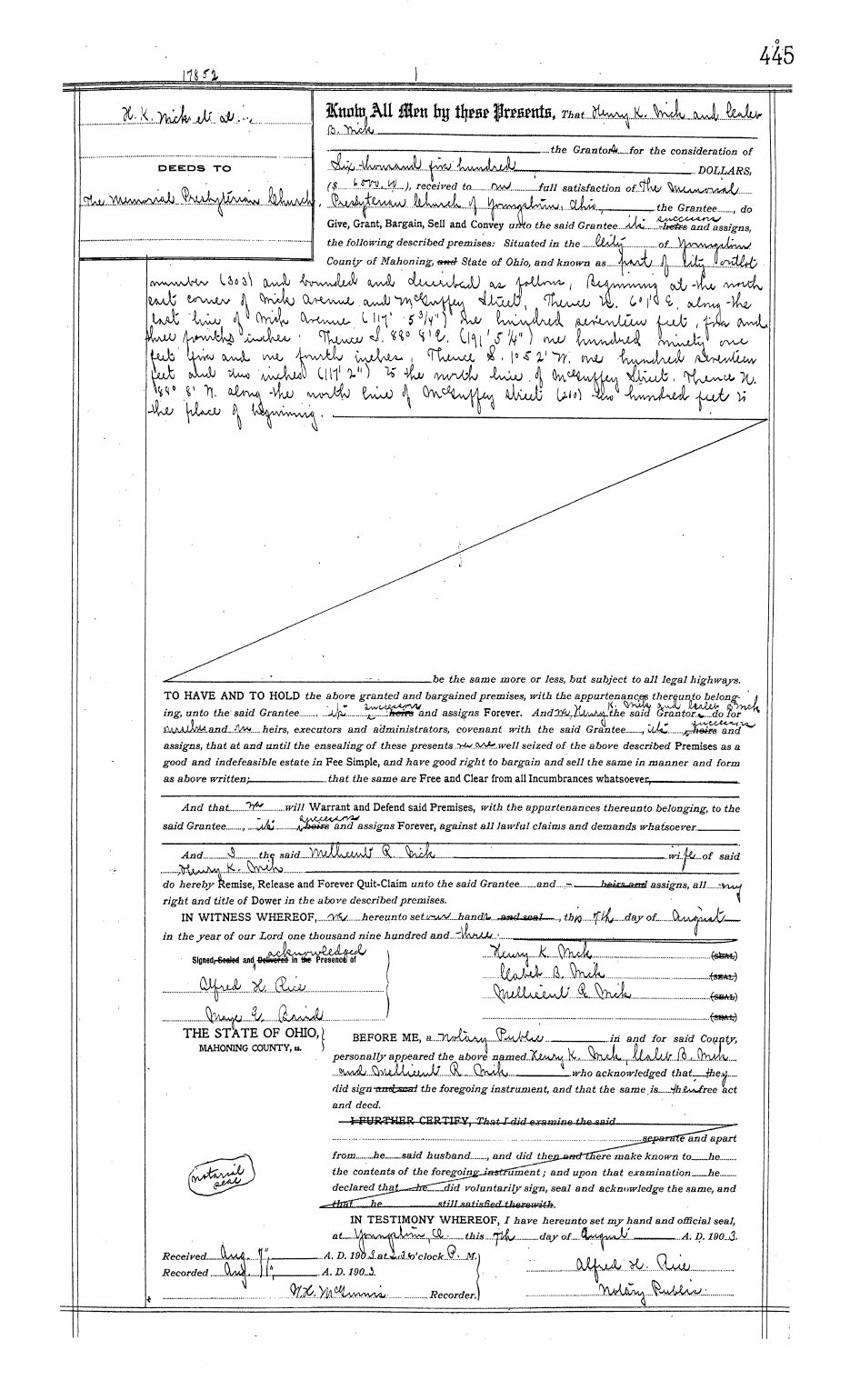 1903 deed · Memorial Presbyterian · Mahoning County Deed Vol. 116, p. 445